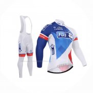 2015 Maillot Cyclisme FDJ Blanc Bleu Manches Longues Et Cuissard