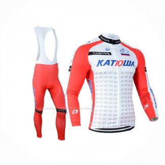 2014 Maillot Cyclisme Katusha Blanc Rouge Manches Longues Et Cuissard