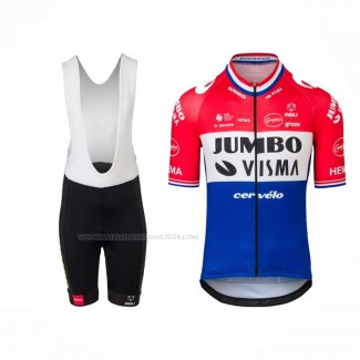 2022 Maillot Cyclisme Jumbo Visma Rouge Blanc Bleu Manches Courtes Et Cuissard