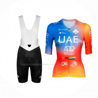 2024 Maillot Cyclisme Femme UAE Bleu Orange Manches Courtes Et Cuissard