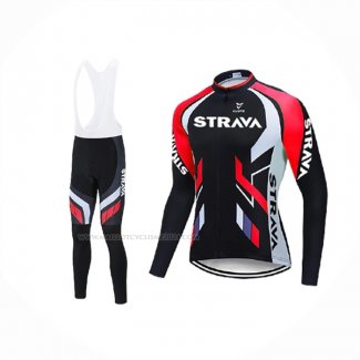 2021 Maillot Cyclisme STRAVA Rouge Noir Manches Longues Et Cuissard